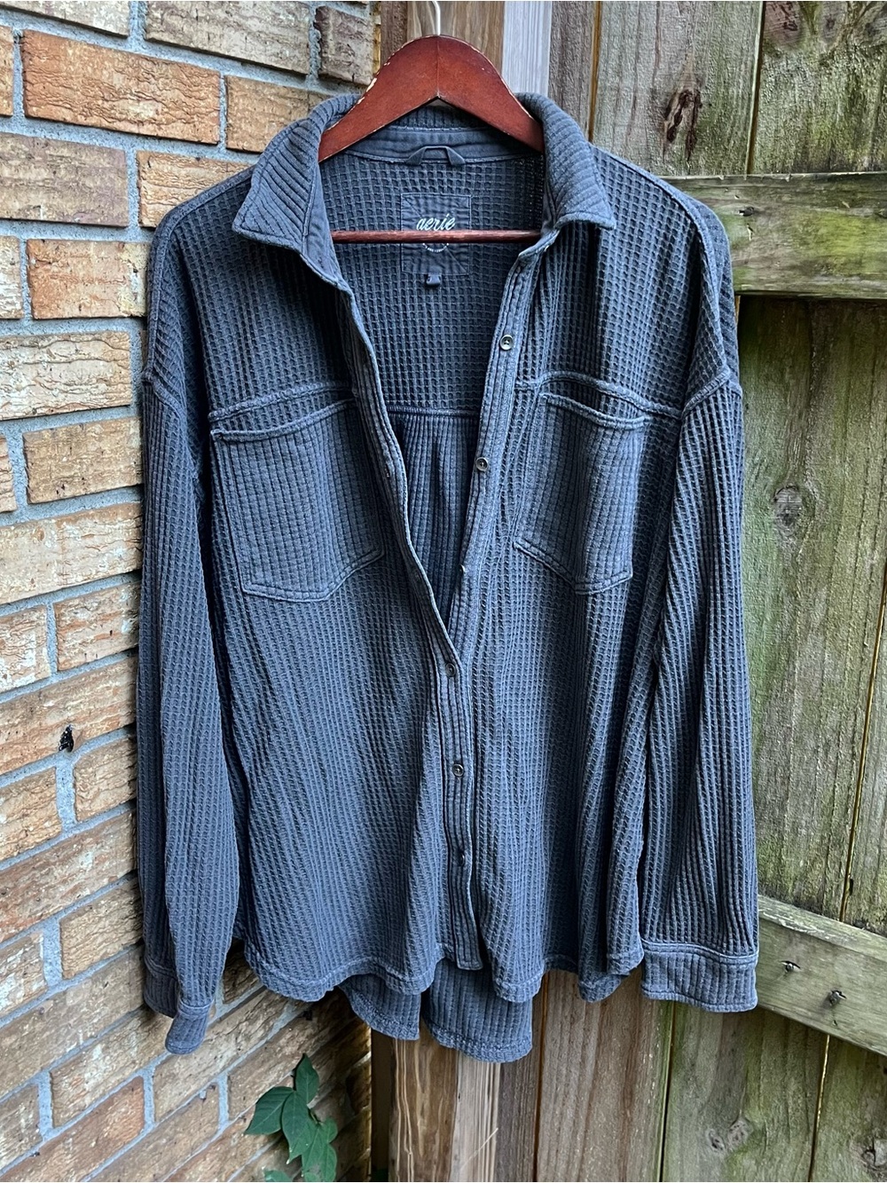 Aerie Oversized LumberJane Charcoal Gray Waffle-Knit Button-Down Shirt Jacket
